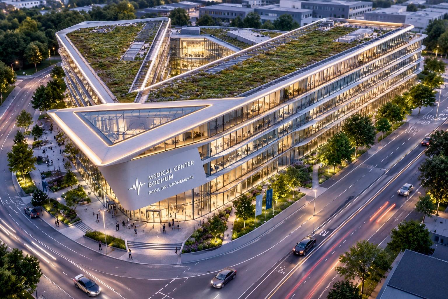 KI-generierte freie Architekturvisualisierung eines medizinischen Zentrums in Bochum